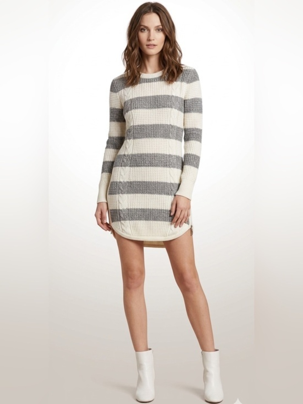 Gray & Creme Striped Crewneck Long Sleeve Sweater Mini Dress Size Small